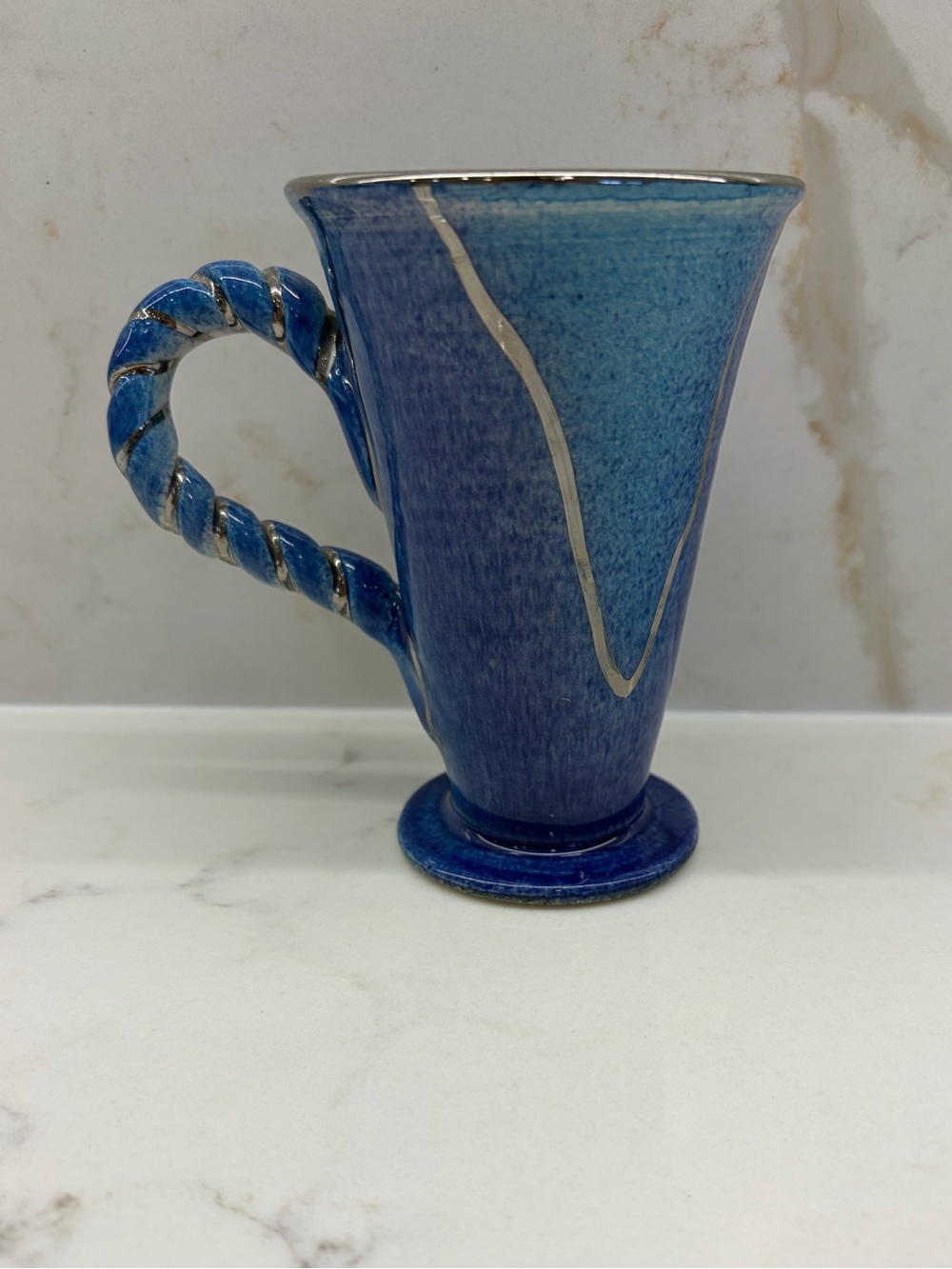 Vintage Hand Thrown Footed Blue Ceramic Twisted-Handle Mug Pen Lyn Pottery
